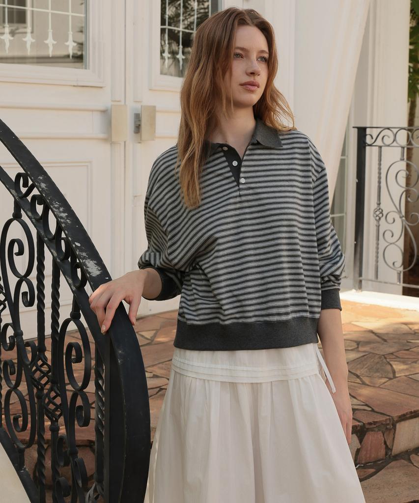 DEHEVE Collar Stripe Sweatshirt [Gray]