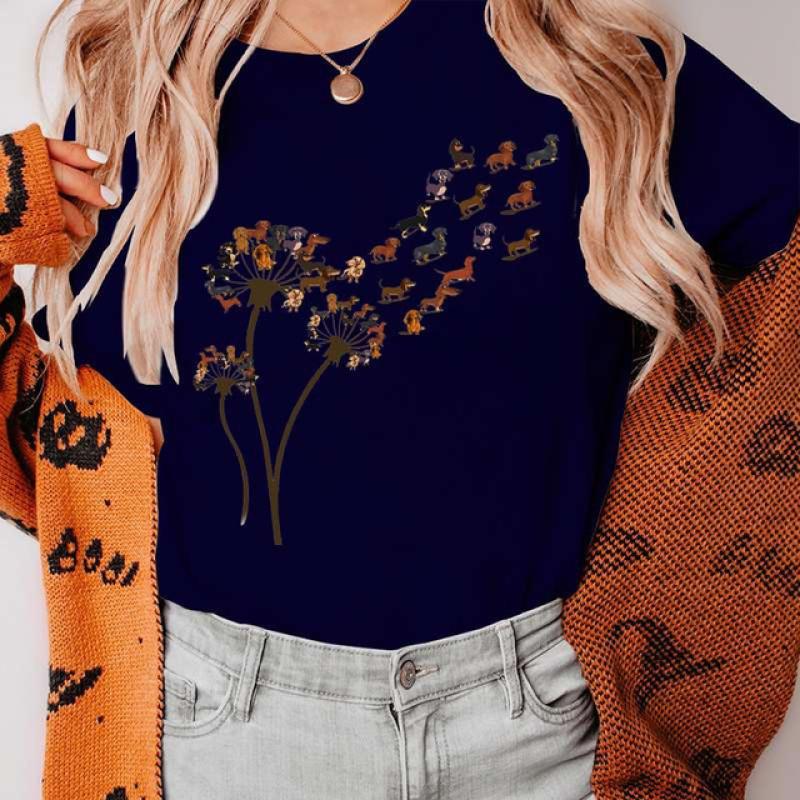 Забавная женская футболка с одуванчиком и таксой, одежда, кавайные женские футболки с мультяшным рисунком, футболка с короткими рукавами, женская футболка, топы