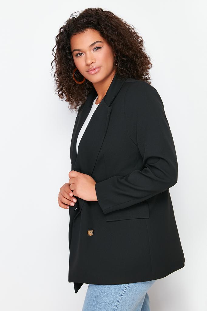 Women's Fashion New Big Size Jacket Black Oversize Lined Double Breasted Closure Woven Blazer Jacket