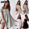 Sexy Slit Neck Dress Women Short Sleeve Summer Pleated Puff Sleeve Open Back Party Beach Dresses Female Elegant Solid Knee Length Dress