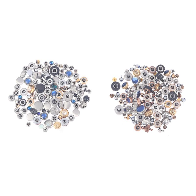 100шт смешанные водонепроницаемые стальные ручки для часов Корона для часов различных размеров и цветов