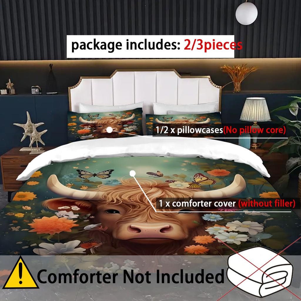 Cartoon Bull Flower 3D Printed Duvet Cover Set Lovely Wildlife Theme Bedding Set Soft Comfortable Luxury Quilt Cover Pillowcases
