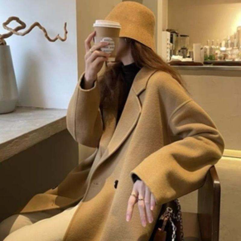 Двустороннее бархатное пальто цвета овсянки для женщин, новое осенне-зимнее шерстяное пальто средней длины до колена в корейском стиле