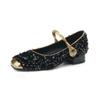 New four-season wear single shoes women's buckle rubber sole low heel round head sequined women's casual single shoes large and small size shoes