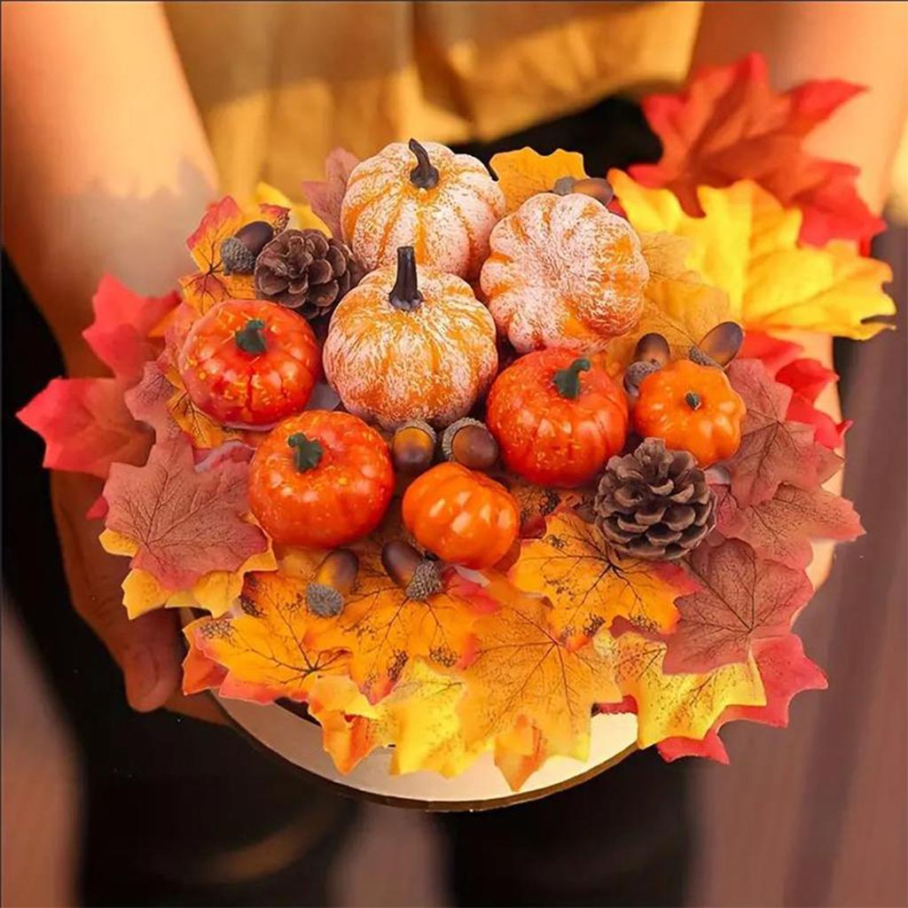 166pcs/set Simulated Pumpkin And Gourd Maple Leaf Fake Pumpkin Simulated Vegetable Wreath Halloween Thanksgiving Decoration