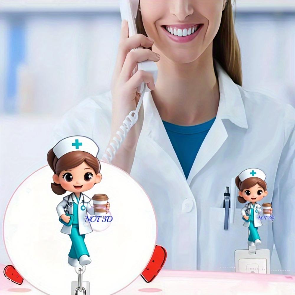 Cute Nurse with Coffee Retractable Badge Scroll Holder Medical ID Card Holder for Nurses, Doctors and Medical Students with Identity Accessories