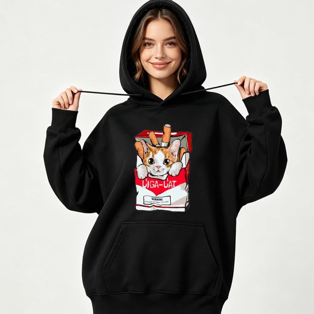 Unisex Graphic Hoodie Ciga-Cat Cigarette Box Print Pullover Oversized Sweatshirt Funny Animal Casual Top Harajuku Y2K Streetwear
