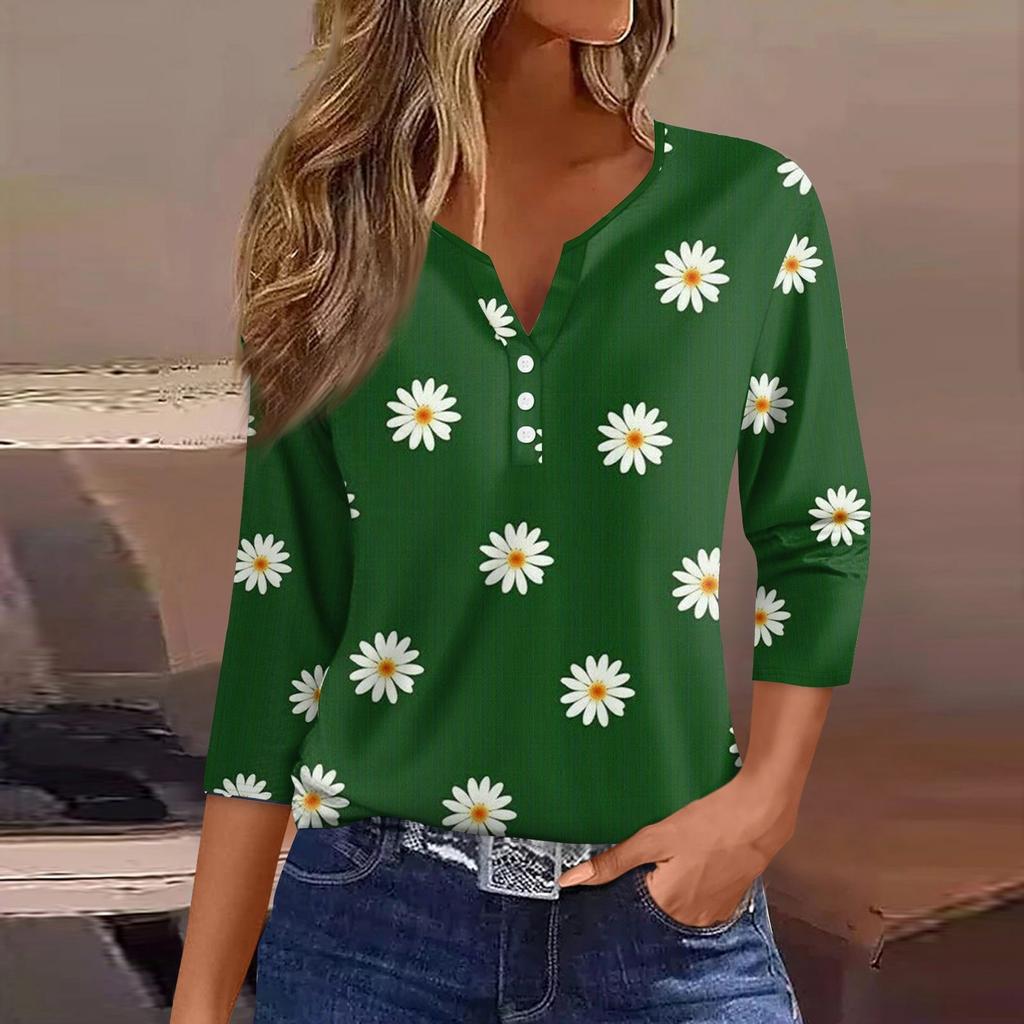 Жен. Футболка Футболка С принтом Пуговицы Рукав 3/4 Повседневные Выходные Мода Классический Классический V-образный вырез Обычный Верх