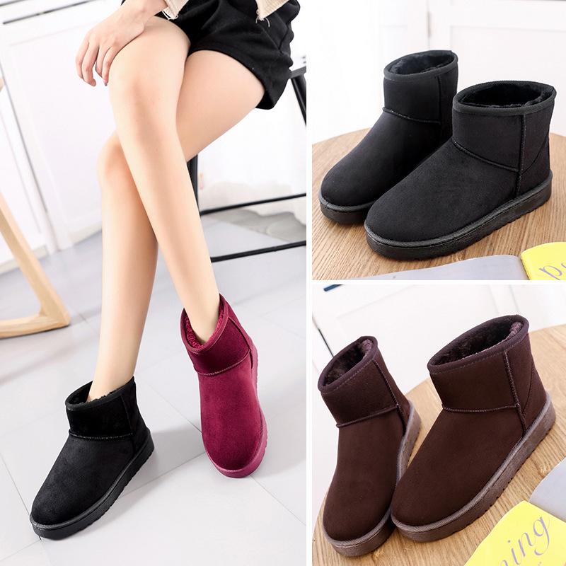 Зимние низкие сапоги-дутики из искусственного меха, низкий верх, утолщенная замша, круглый носок, плоский каблук, коричневые, повседневные, женские