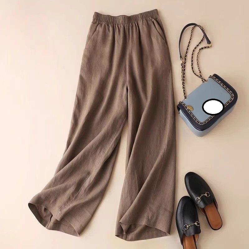 Женские хлопковые льняные брюки с широкими штанинами, женские летние брюки, повседневные брюки полной длины, модные однотонные свободные прямые брюки с высокой талией