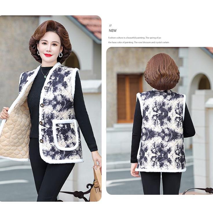 Autumn Winter Women's Flocking Vest Thick Warm Printed Fleece Cardigan Vest Outwear
