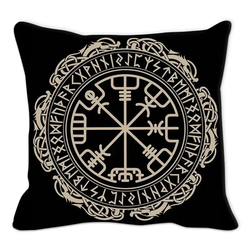 Funda de almohada con amuleto vikingo, cojín para sofá, decoración del hogar, funda geométrica en blanco y negro,(2)