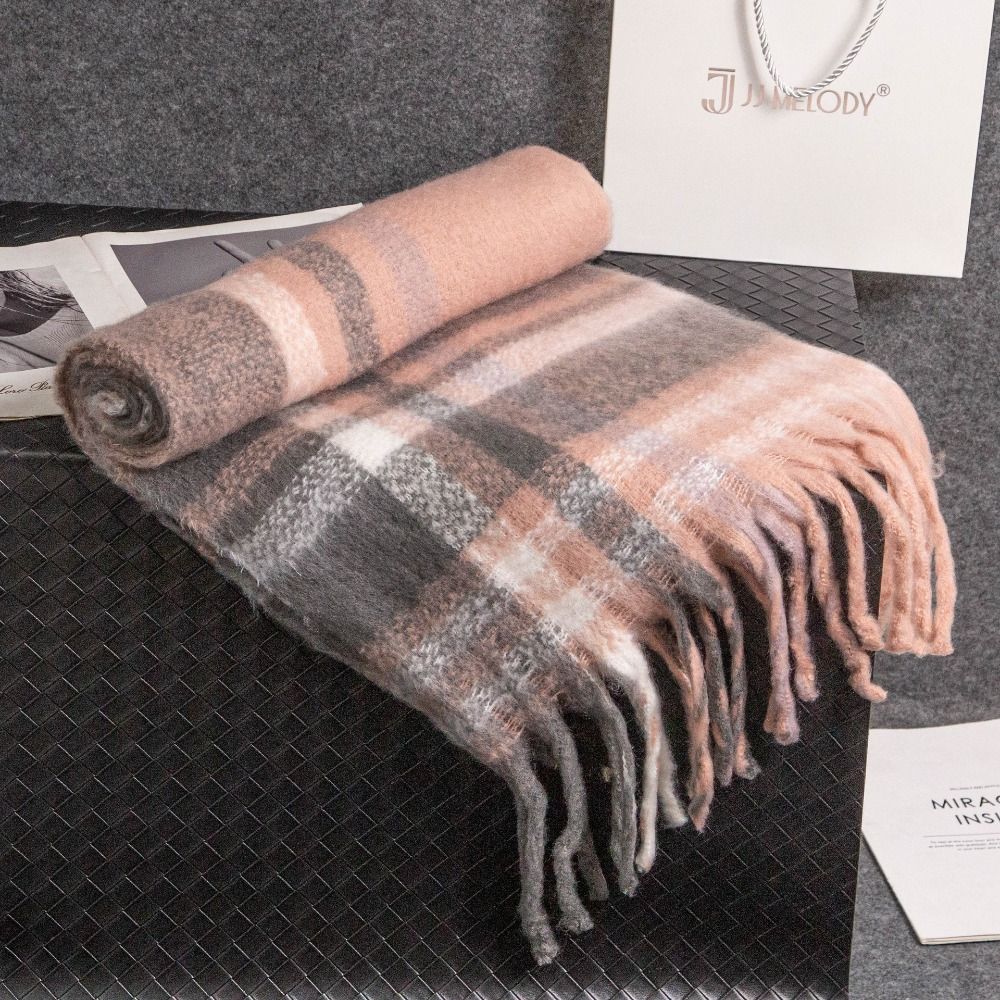 Plush Plaid Wool Scarf Tassel Cape Wraps Simple Winter Cashmere Scarves  Student