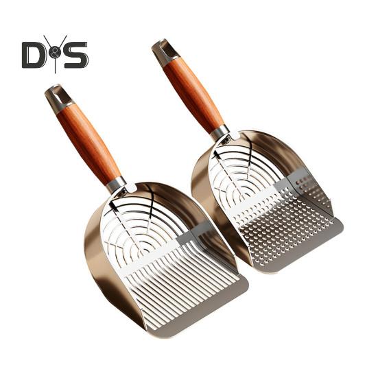 Металлический совок для кошачьего туалета с держателем, совок для сбора домашних животных с эргономичной деревянной ручкой, лопата для быстрого просеивания, товары для кошек