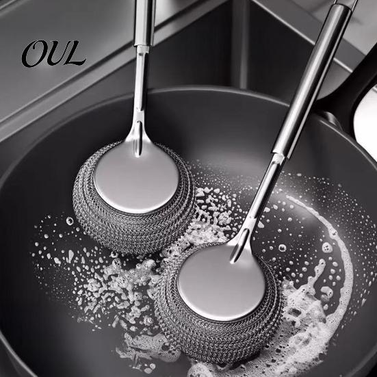 Durable Metal Scrub Brush Stainless Steel Wool Scrubber with Long Handle, Deep Cleaning Heavy Handheld Pot Cleaner Duty Kitchen Brush, Non-Scratch