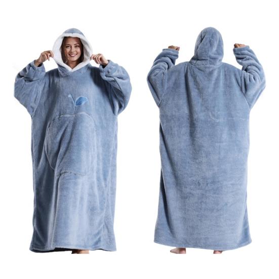 Winter Wearable Blanket Bathrobe with Big Pocket Thick Double-sided Fleece Loose Long Sleeves Pajamas Heat Retention Full Protection Home Lazy