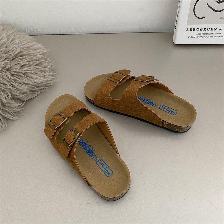 Новые летние женские пробковые тапочки повседневные пляжные с двойной пряжкой нескользящие наружные шлепанцы из нубука из кожи на платформе женские сандалии
