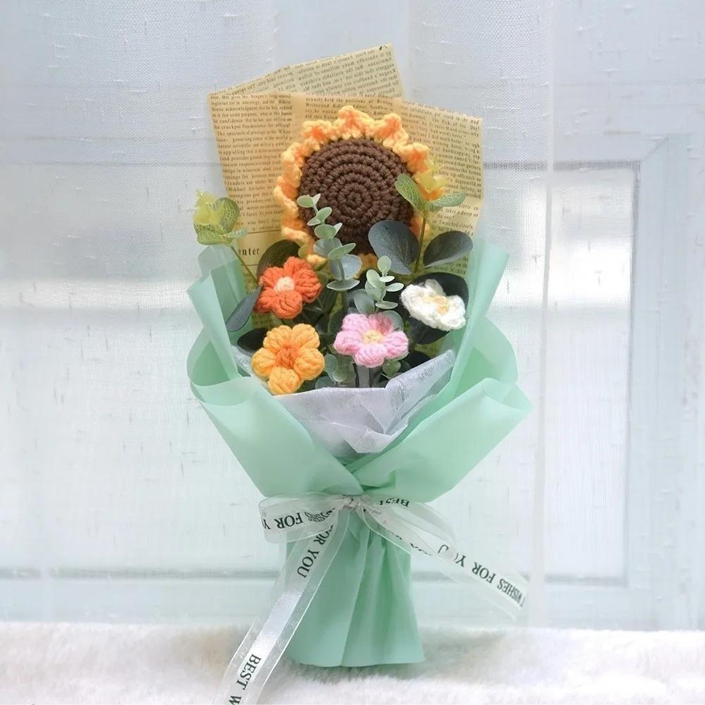 Crochet Knitted Flowers Bouquet Handmade Bouquet Arrangement Crochet Bouquet Artificial Flowers Handmade Sunflower Birthday