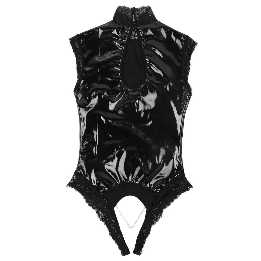 Женское цельное нижнее белье из лакированной кожи с мокрым эффектом, трико-боди без рукавов с высоким воротом и вырезами, кружевная отделка