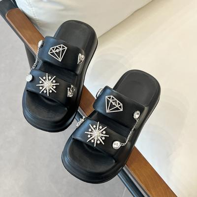 Женские тапочки, однотонные, с одной линией, толстые подошвы, противоскользящие, с металлическим декором, модные, простые, для дома и отдыха, пляжные сандалии