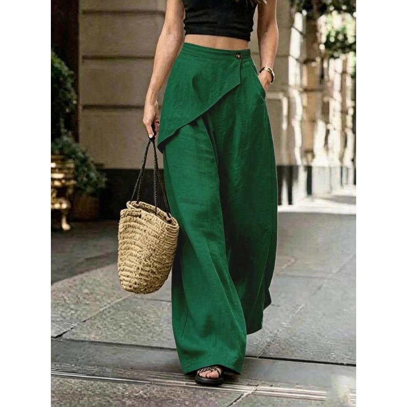 Women Irregular Design Loose Solid Linen Blend Wide Leg Casual Pants