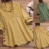 Spring Autumn Women's Solid Color Striped Button Cotton Hemp Fake Pocket Striped Long Sleeve Shirt Top Blouses