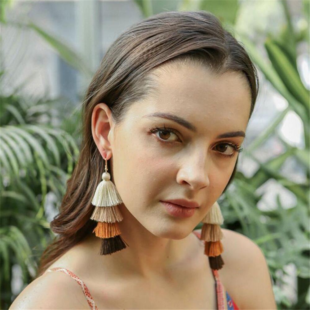Ethnic Gradient Boho Ear Stud Dangle Drop Earrings Multilayer Drop Long Tassel Earrings Bohemian