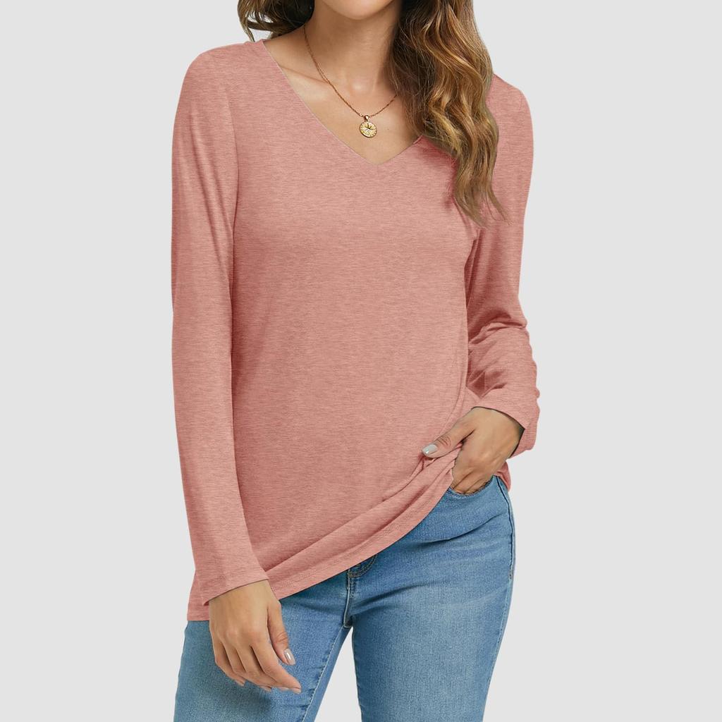 Womens Long Sleeve V Neck Shirts Basic Tee Casual Top Fall Trendy Tunic Outfits Fitted T Shirts