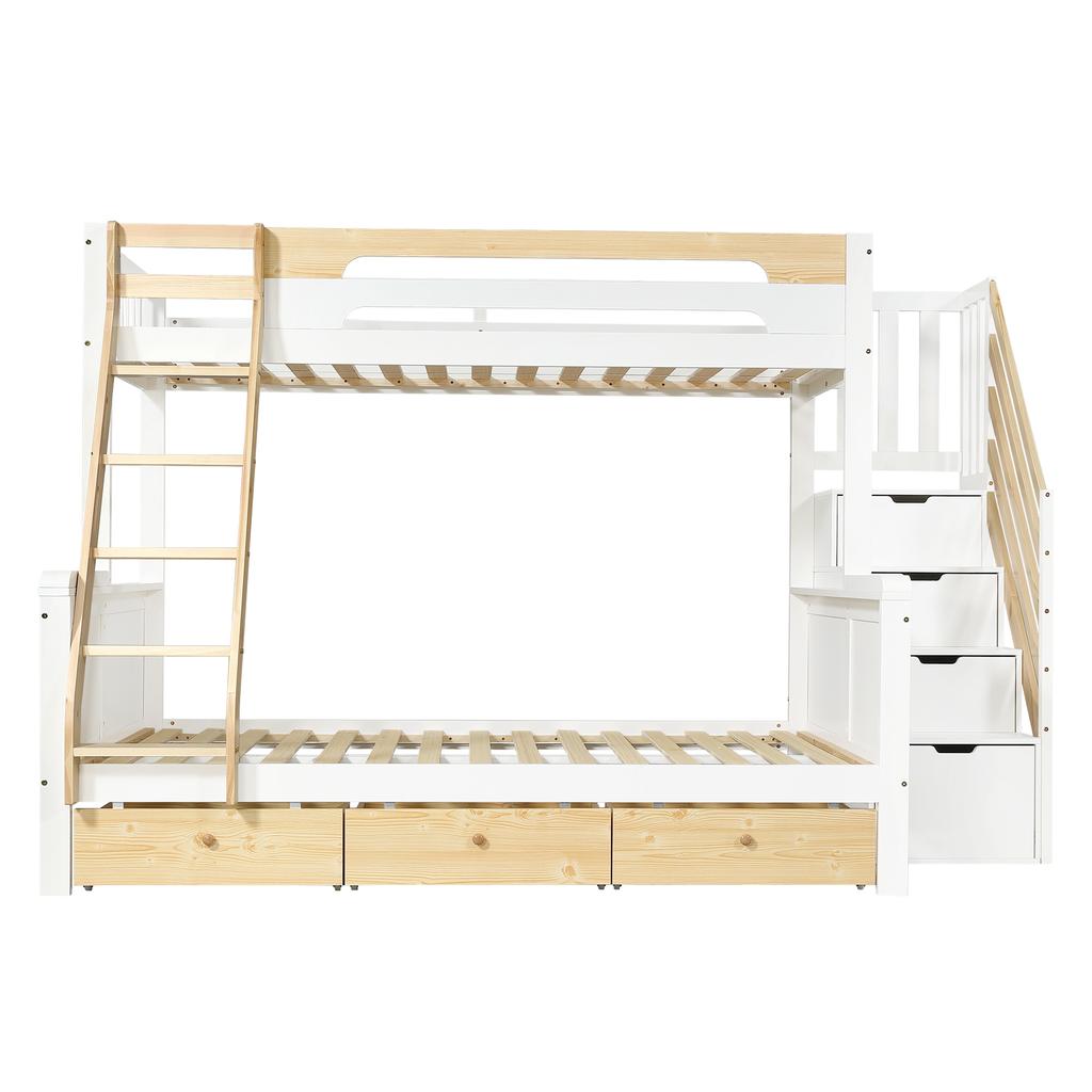 Bunk bed 90x200/140x200 cm white & natural, family bed made of wood with storage stairs, ladder, 3 bed drawers and fall protection for children's room