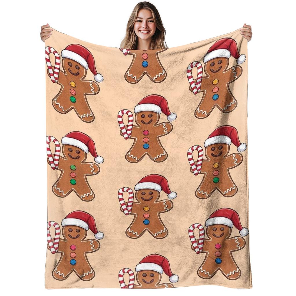 1pc Gingerbread for Man Flannel Blanket - Soft Warm 280gsm All-Season Bedspread with Gingerbread Cookie & Candy Cane Print, Beige/Brown Holiday Decor