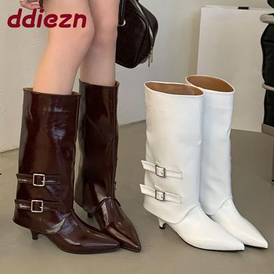 Мода Мода Пряжка Женские Сапоги до колена Обувь На низком каблуке Обувь Женская Острый носок Женские Ковбойские сапоги Обувь Слипоны Туфли-лодочки