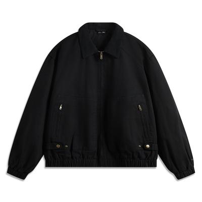 Li Ning Sports Fashion Series однотонная повседневная универсальная куртка с воротником-поло и длинными рукавами на молнии в американском стиле, куртка унисекс, черная AJDU321-2