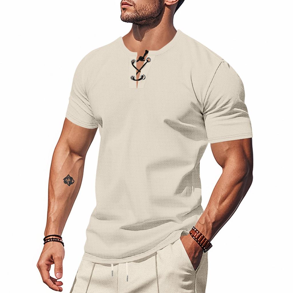 Мужская однотонная рубашка с короткими рукавами, завязывающаяся на шнурок, в спортивном стиле, повседневная