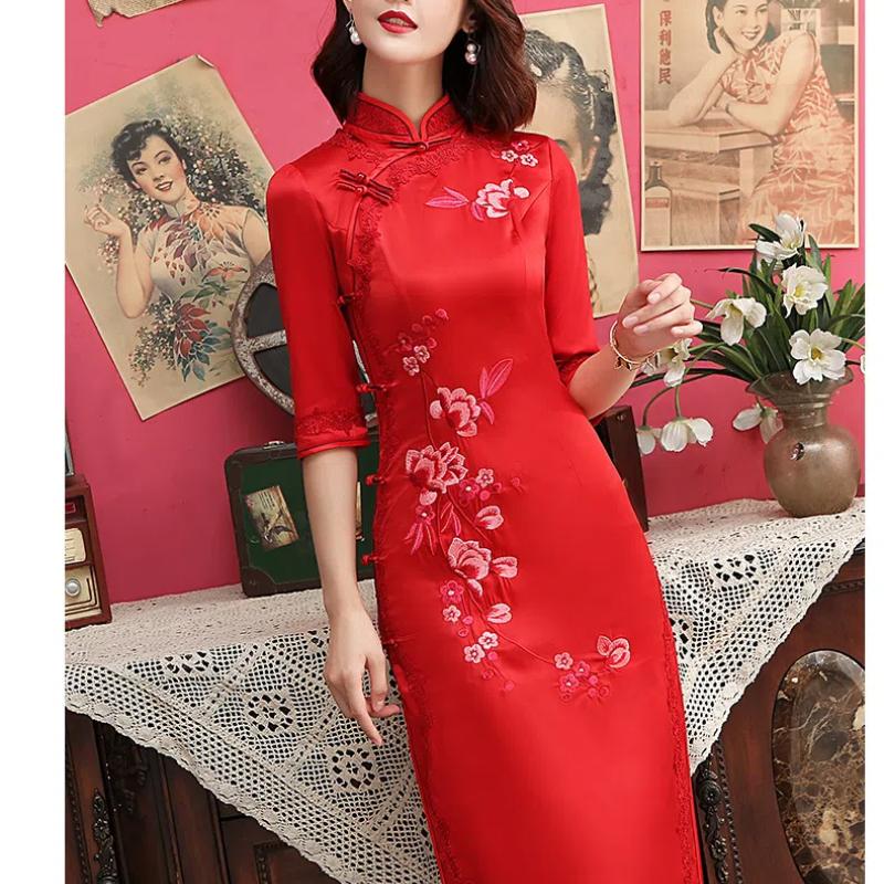 Современное платье-чеонгсам большого размера с вышивкой из шелка и винтажным шанхайским воротником, облегающее