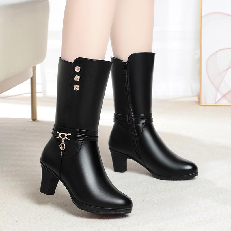 Winter Woman High-heeled Soft Leather Motorcycle Boots Thick Wool Soft Sole Plus Velvet Warm Riding Mid-calf Boot