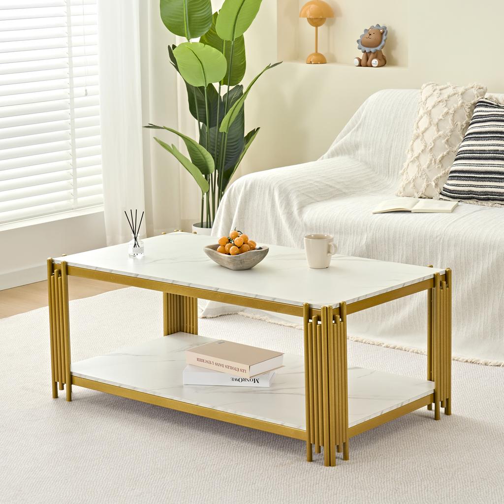 Rectangular Coffee Table with Metal Legs, Marbled Tabletop, Modern Living Room Furniture, White-Gold – H46/B1140/T64 cm