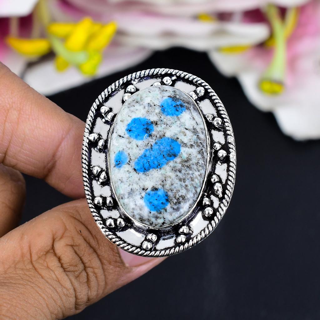K2 Blue Azurite Gemstone Handmade 925 Sterling Silver Jewelry Ring Size 8.5 KG-1673