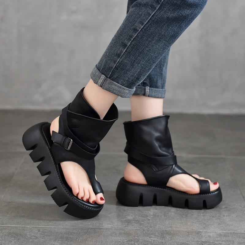 Johnature Peep Toed Thick Soled Women's Sandals Genuine Leather Belt Buckle Roman Platform Shoes