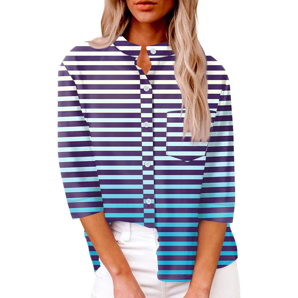 Women's Fashion Casual Shirt Button Loose Seven Sleeve Striped Patchwork Printed Top