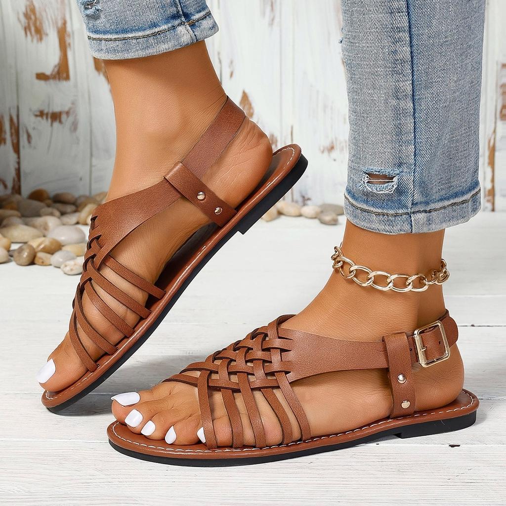 European and American Foreign Trade Large Size Flat-bottom Buckle Open-toed Sandals Women's Retro Style Cross Belt Light Beach Cool Slippers