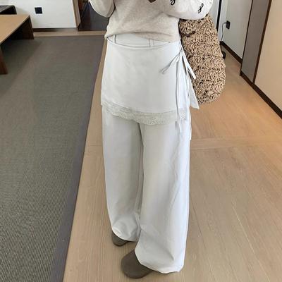 Белые нишевые кружевные брюки прямого кроя из двух частей для женщин на лето с высокой посадкой, свободные брюки с широкими штанинами, повседневные брюки, брюки в пол