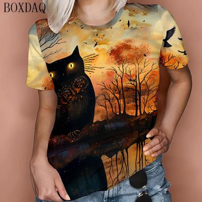 Летние женские футболки с принтом 3D Cat Urban, повседневный свитер свободного кроя с короткими рукавами и круглым вырезом