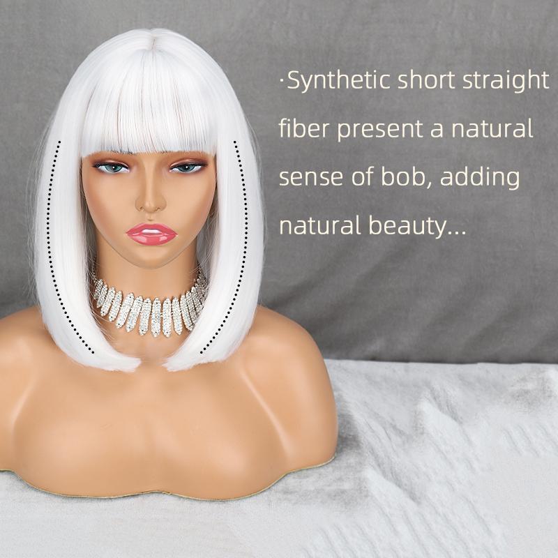 LISI HAIR Женская мода Короткий чистый белый прямой парик Боб с челкой Синтетическое волокно Длина до плеч Прямой парик Боб Белый Серебряный парик