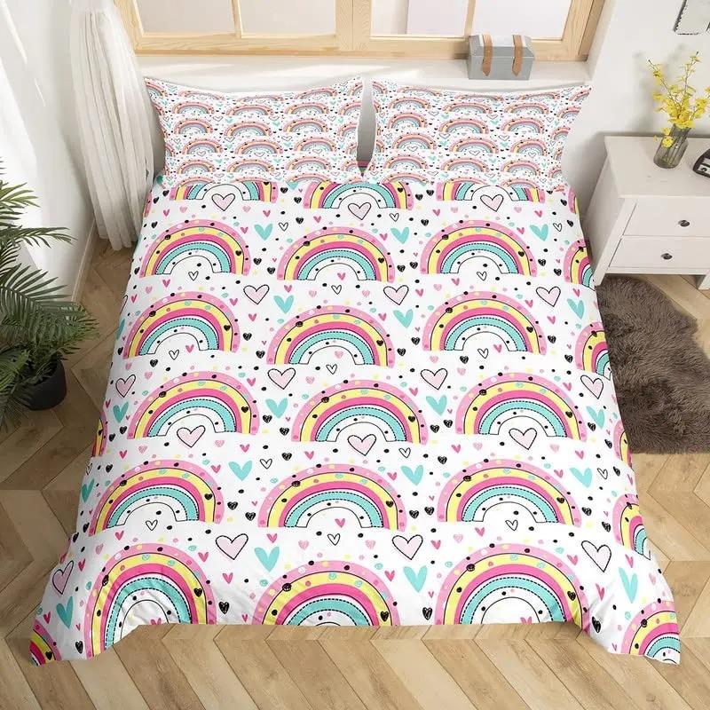 Red Valentine'S Day Rainbow Duvet Cover Twin Size,Cartoon Love Heart Bedding Set For Girls Women Moon Leaves Comforter Cover