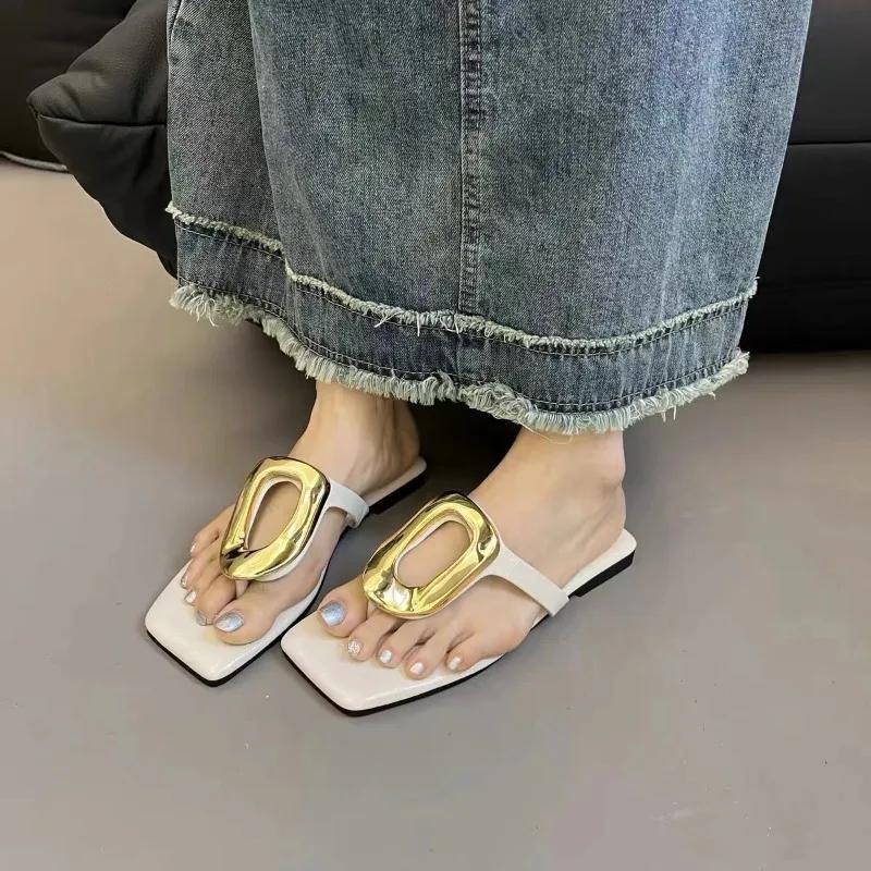Fashion Ladies Shoes New Square Toe Women's Slippers Summer Metal Decoration Pinch Toe Solid Outdoor Casual Flat Comfortable Slippers