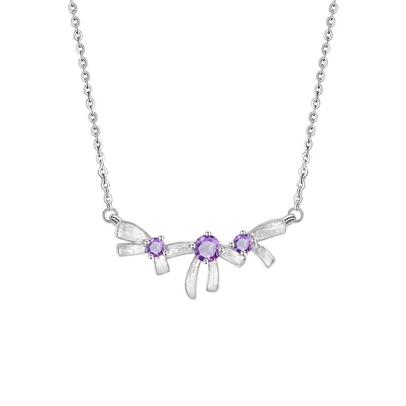 New brushed craft s925 sterling silver bow necklace women's natural crystal stone niche design jewelry