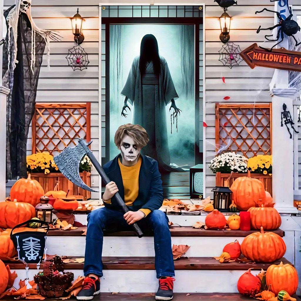 1pc 2D Door Flag  Halloween Welcome Door Flag - Evil Spirit White Dress Doll with Luminous Eyes