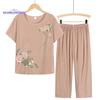 Женская одежда Летний комплект домашней одежды с коротким рукавом Футболка с цветочным принтом Брюки Свободный комплект из двух предметов Наряд для среднего возраста