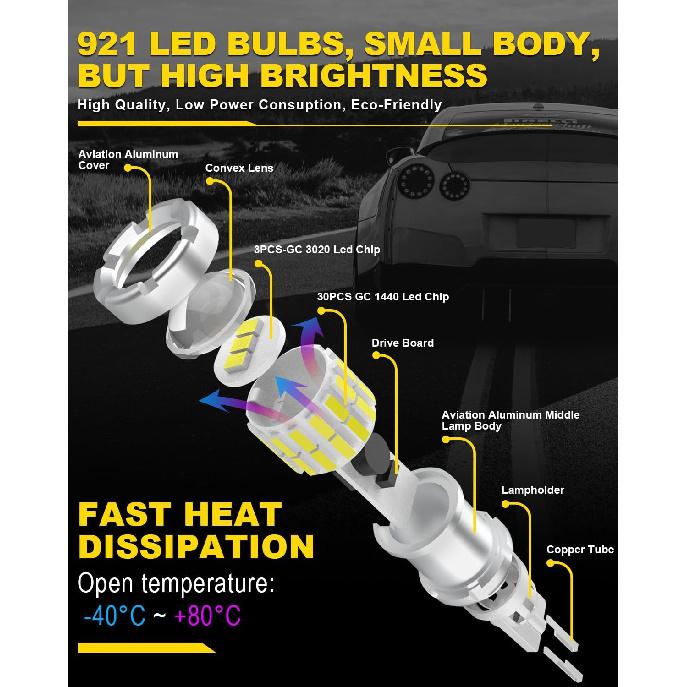 Xenon White 921 W16W Led Bulbs Canbus Error Free For Reverse Lights,912 T15 921 Back Up Lights,Replacement Bulb For 3rd Brake Lights,Interior Dome