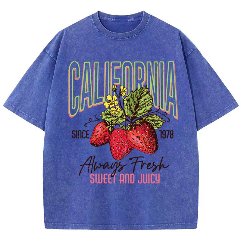 Womans Cotton Washed T-Shirts All-Math O-Neck Distressed Short Sleeve California Strawberries Print Tops Summer Female Clothes